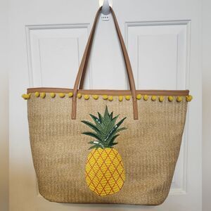 Payless Woven Canvas Beach Bag, Embroidered Pineapple, Sequins, 20"x12"x7"